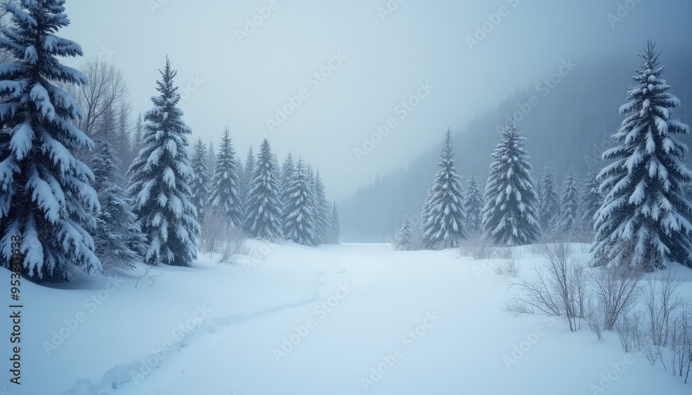 Winter Wonderland: Snow-Covered Trees and Path at Sunrise - Serene Nature Landscape for Holiday and Seasonal Themes Winter Wonderland: Snow-Covered Trees and Path at Sunrise - Serene Nature Landscape for Holiday and Seasonal Themes