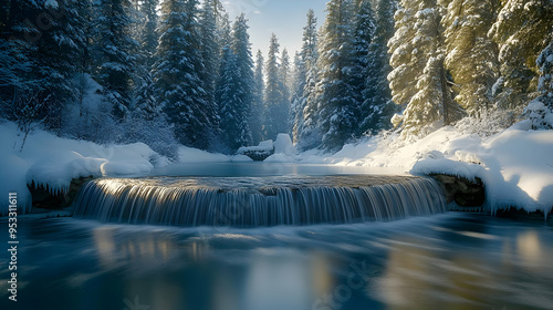 Frozen waterfall in a snowy...