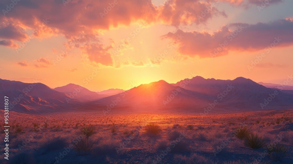 A sunset over a desert mountain range, with the sky ablaze in shades of orange and pink, and the mountains casting long shadows across the arid landscape. A sunset over a desert mountain range, with the sky ablaze in shades of orange and pink, and the mountains casting long shadows across the arid landscape.