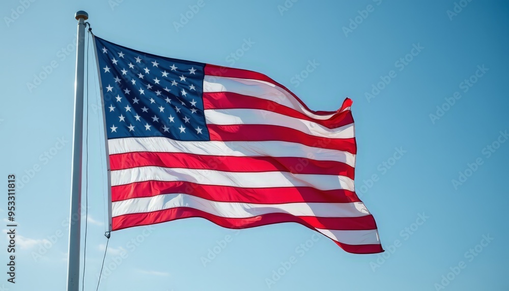 Obraz premium American Flag Waving Against Clear Blue Sky - Symbol of Patriotism and National Pride