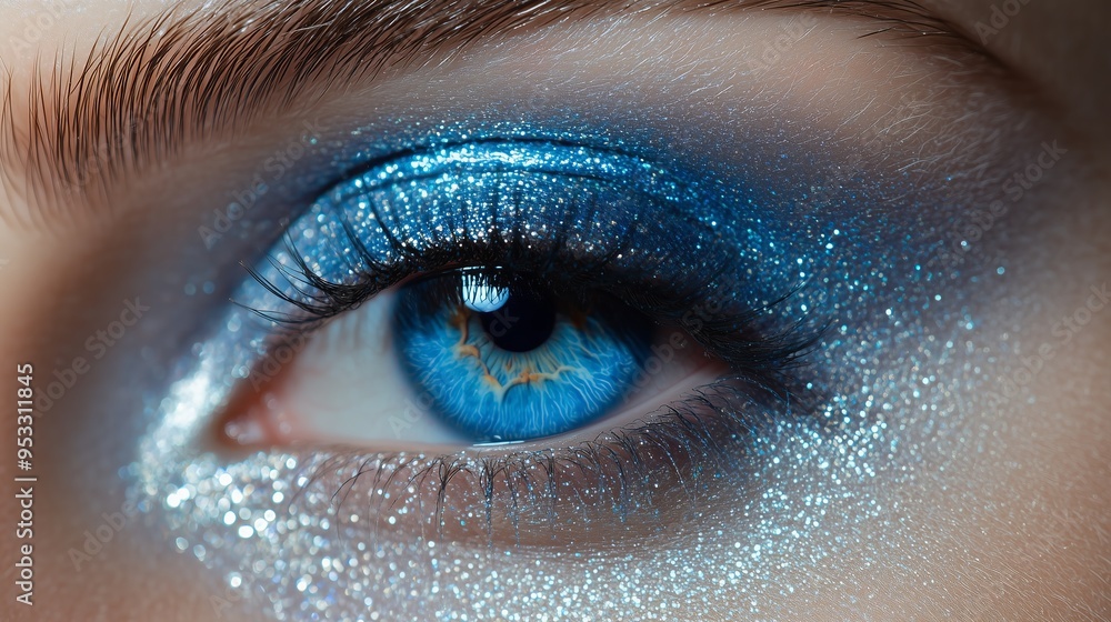 Macro shot of a stunning blue eye adorned with sparkling blue and silver eyeshadow, capturing beauty and elegance. Macro shot of a stunning blue eye adorned with sparkling blue and silver eyeshadow, capturing beauty and elegance.