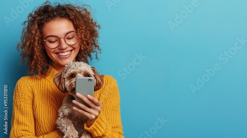 Smiling woman in glasses and yellow sweater taking a selfie with her dog against a blue background. photo