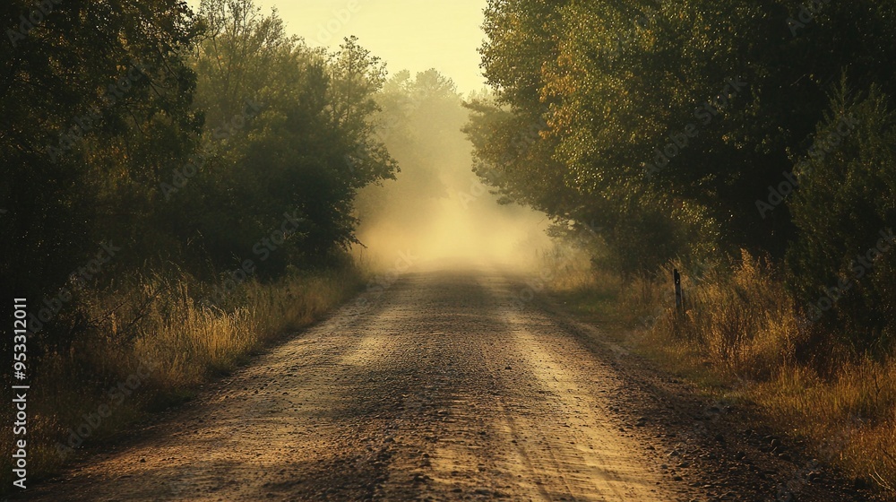 A narrow dirt road stretches into the distance, framed by dense green foliage from trees on either side. The road appears luminous, with a soft golden glow suggesting the light of early morning or lat A narrow dirt road stretches into the distance, framed by dense green foliage from trees on either side. The road appears luminous, with a soft golden glow suggesting the light of early morning or lat