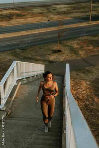 Determined woman jogs down sunlit stairs in athletic wear during a golden hour workout, enjoying the tranquility of nature in her daily routine