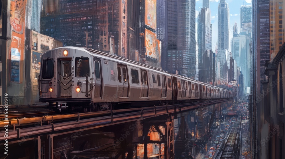 Naklejka premium A train traveling through an urban landscape, with skyscrapers towering overhead and the tracks elevated above a bustling city street.