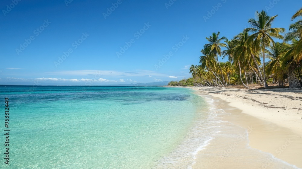 A tropical beach with crystal-clear turquoise waters, palm trees swaying in the breeze, and white sand stretching out into the distance under a cloudless sky. A tropical beach with crystal-clear turquoise waters, palm trees swaying in the breeze, and white sand stretching out into the distance under a cloudless sky.
