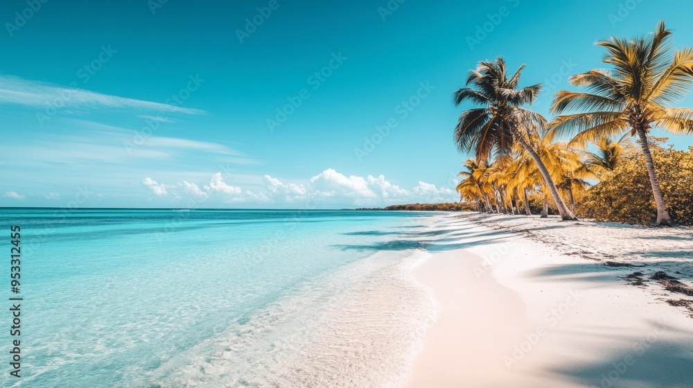 Fototapeta premium A tropical beach with crystal-clear turquoise waters, palm trees swaying in the breeze, and white sand stretching out into the distance under a cloudless sky.