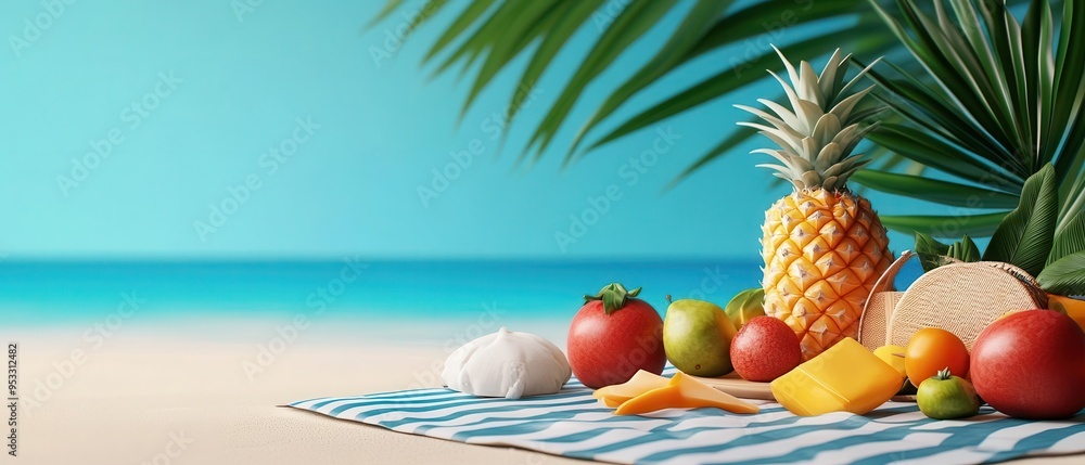 Island beach picnic setup, vibrant tropical fruits, 3D illustration Island beach picnic setup, vibrant tropical fruits, 3D illustration