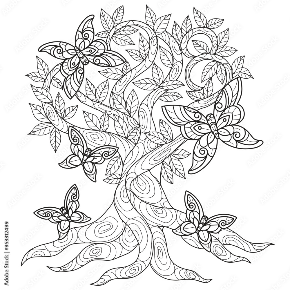 Fototapeta premium Tree and butterfly hand drawn for adult coloring book
