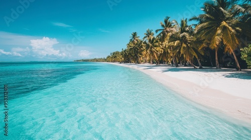 A tropical beach with crystal-clear turquoise waters, palm trees swaying in the breeze, and white sand stretching out into the distance under a cloudless sky.