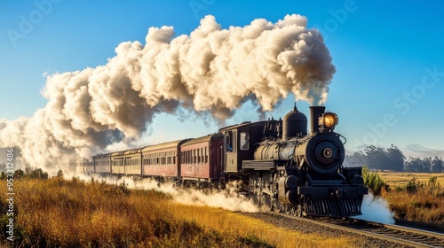 A vintage steam locomotive chugging along a rural track, with thick clouds of white smoke billowing from the chimney against a clear blue sky.