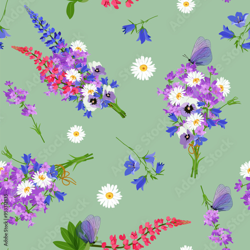 Floral vector illustration. Seamless print with lavender, lupine, bellflowers and chamomile on a green background. For decorating textiles and packaging.