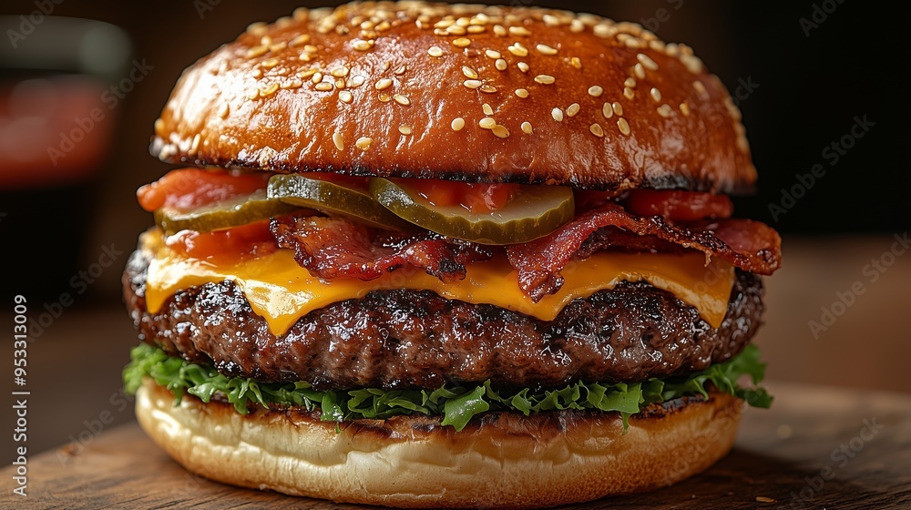 Close-up of a juicy bacon cheeseburger with lettuce, pickles, and sesame seed bun, perfect for food advertisements. Close-up of a juicy bacon cheeseburger with lettuce, pickles, and sesame seed bun, perfect for food advertisements.
