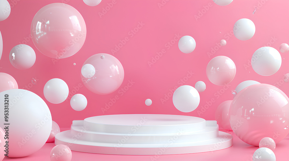 Abstract empty podium with spheres on pink background, use for product presentation scene with abstract white and pastel color balls in space, mock up for design, minimal concept Abstract empty podium with spheres on pink background, use for product presentation scene with abstract white and pastel color balls in space, mock up for design, minimal concept