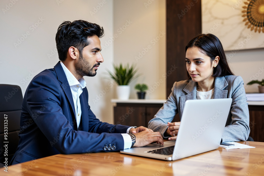 Professional KYC Interview: Indian Banker and Client in Modern Office Setting for Financial Marketing Professional KYC Interview: Indian Banker and Client in Modern Office Setting for Financial Marketing