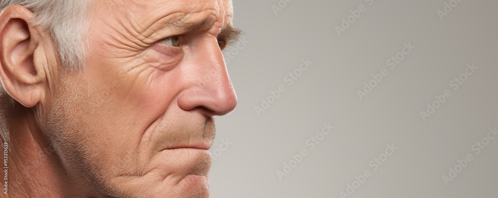 Thoughtful elderly man in profile with deep wrinkles and expression of contemplation against a neutral background Thoughtful elderly man in profile with deep wrinkles and expression of contemplation against a neutral background