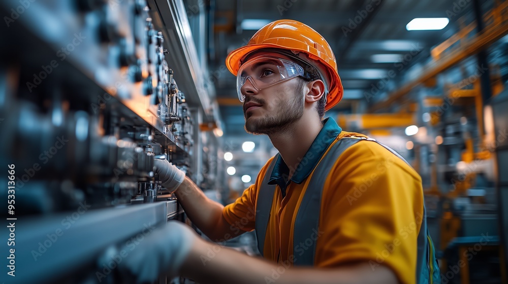 Young engineer wearing safety gear inspecting machinery in a modern factory, highlighting industrial operation and maintenance. Young engineer wearing safety gear inspecting machinery in a modern factory, highlighting industrial operation and maintenance.
