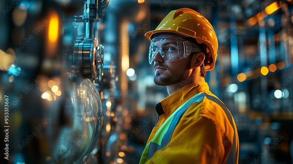An industrial engineer wearing protective gear inspects machinery in a brightly lit factory setting, ensuring operational efficiency. An industrial engineer wearing protective gear inspects machinery in a brightly lit factory setting, ensuring operational efficiency.