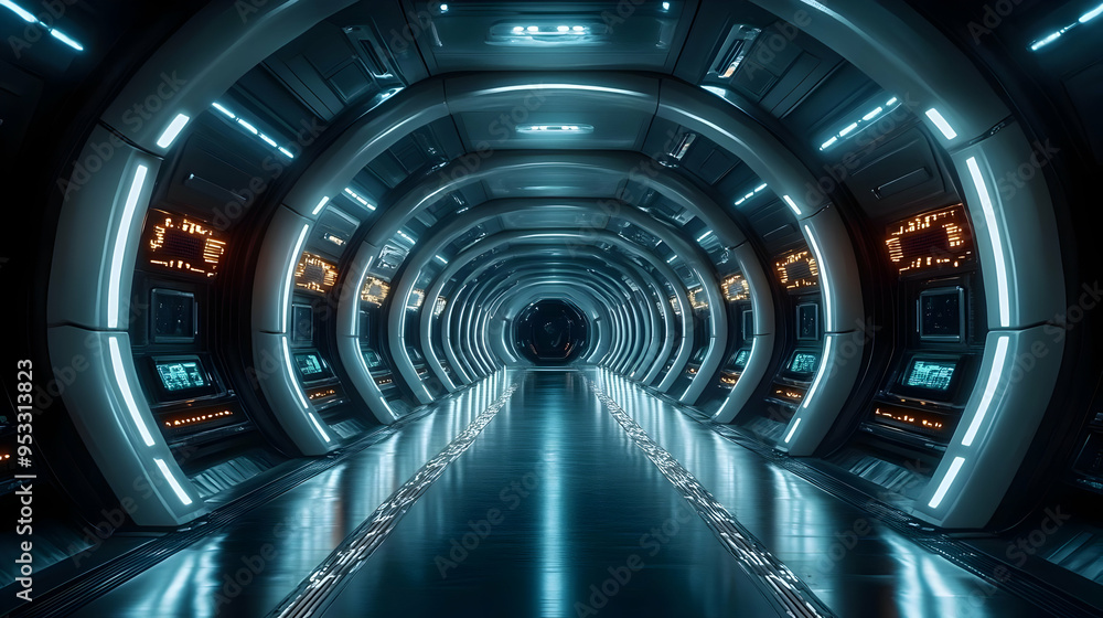 Futuristic spaceship corridor with glowing blue and orange lights. Futuristic spaceship corridor with glowing blue and orange lights.