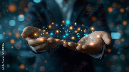 hand interacting with digital interface - abstract blue technology background - futuristic concept.