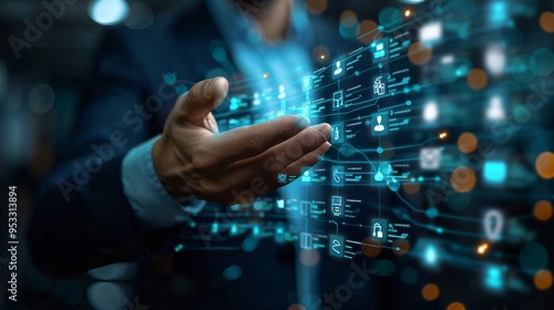 hand interacting with digital interface - abstract blue technology background - futuristic concept.