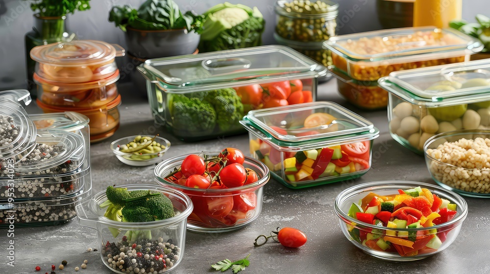 Glass containers with fresh food in a kitchen, arranged on a grey counter top. Glass containers with fresh food in a kitchen, arranged on a grey counter top.