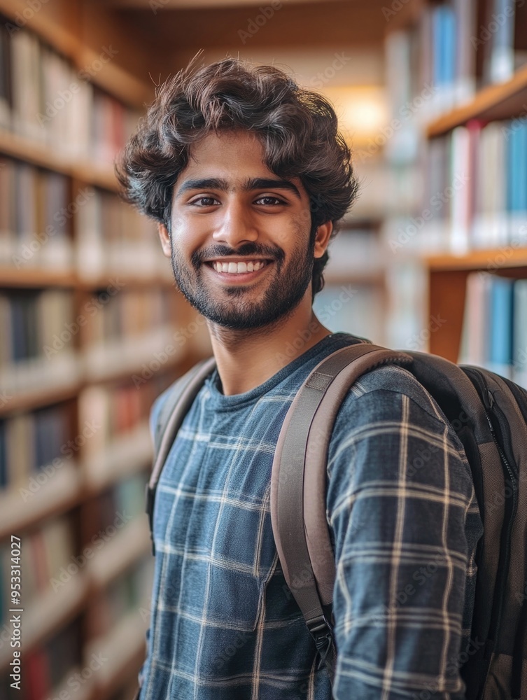 Smiling Student with Backpack in Library Smiling Student with Backpack in Library