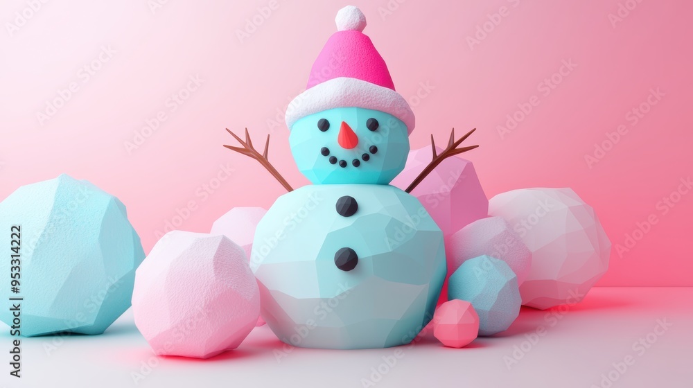 Snowman Surrounded by Pastel Snowballs in a Winter Wonderland Landscape Snowman Surrounded by Pastel Snowballs in a Winter Wonderland Landscape