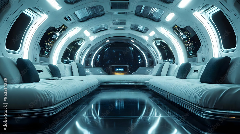 Futuristic spaceship interior with large windows showing a starry sky and a city in the distance. Futuristic spaceship interior with large windows showing a starry sky and a city in the distance.