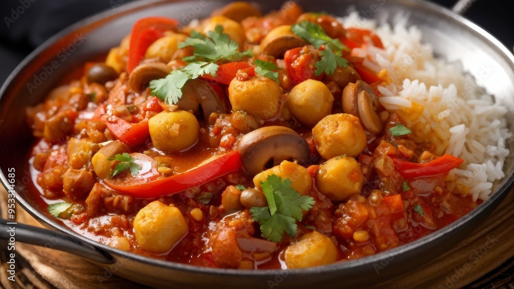 A dish of Indian cuisine. Chana Masala with rice and mushrooms. A dish of Indian cuisine. Chana Masala with rice and mushrooms.
