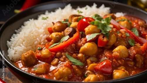 A dish of Indian cuisine. Chana Masala with rice and mushrooms.