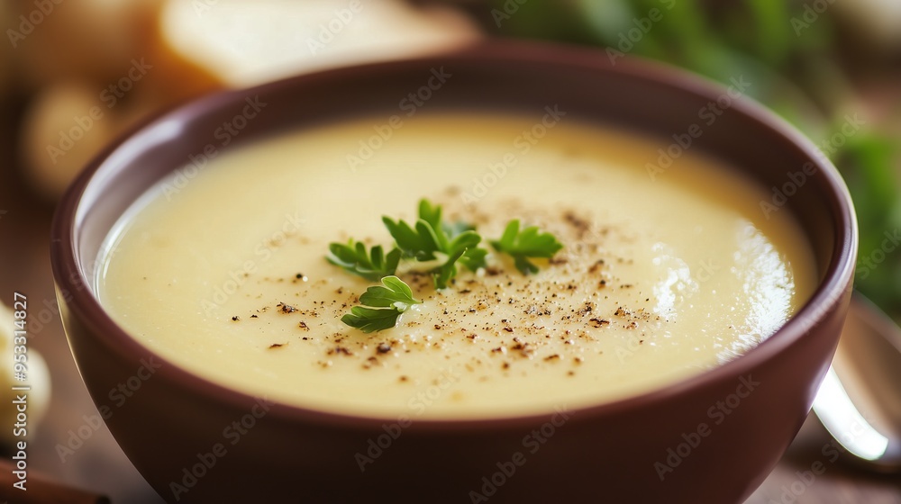 Close-up of a creamy potato soup bowl, topped with fresh parsley and black pepper for a delicious presentation. Close-up of a creamy potato soup bowl, topped with fresh parsley and black pepper for a delicious presentation.
