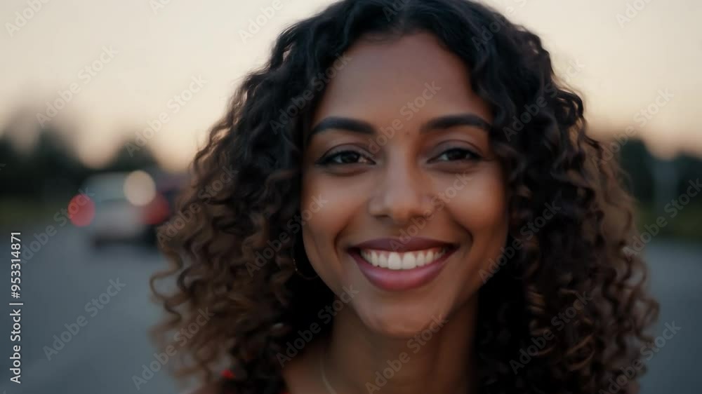 Close up shots showcase a beautiful young woman with curly hair, smiling joyfully. Her cheerful expression highlights her natural beauty and vibrant personality against a dark background Close up shots showcase a beautiful young woman with curly hair, smiling joyfully. Her cheerful expression highlights her natural beauty and vibrant personality against a dark background