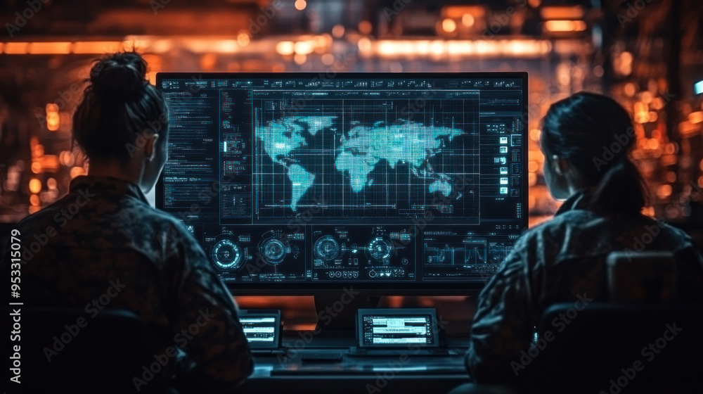 A command center with advanced screens and communication tools, showing the strategic planning and control in military operations. A command center with advanced screens and communication tools, showing the strategic planning and control in military operations.
