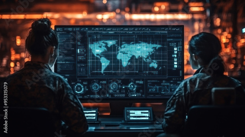 A command center with advanced screens and communication tools, showing the strategic planning and control in military operations.