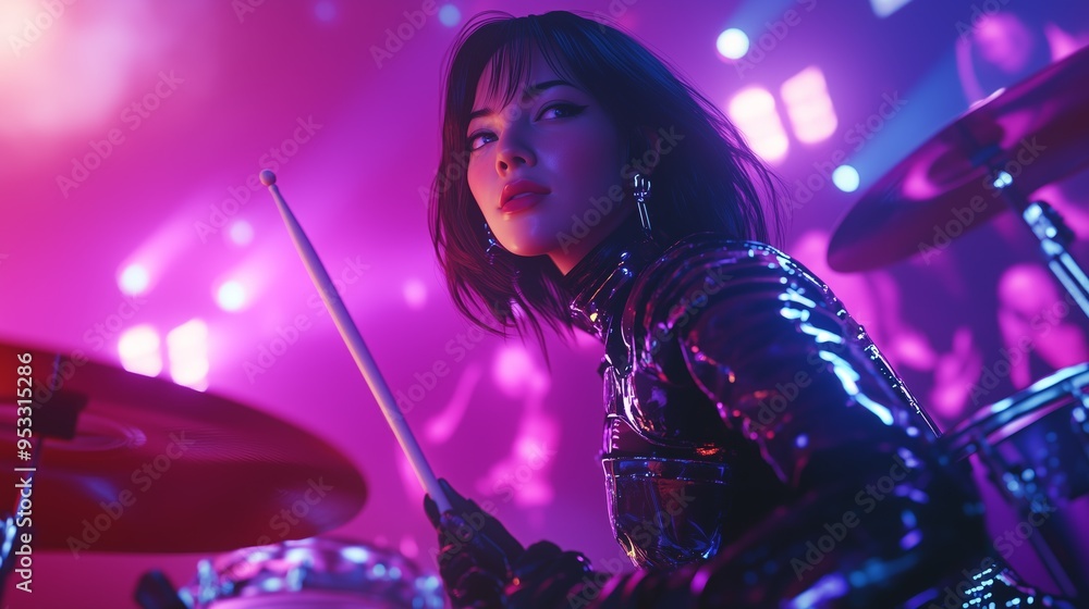 Fototapeta premium Female drummer wearing futuristic outfit playing in a neon-lit concert with vibrant purple and pink lights.
