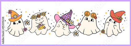 Groovy Halloween Happy Retro Ghosts Cartoon character Lined Doodle banner