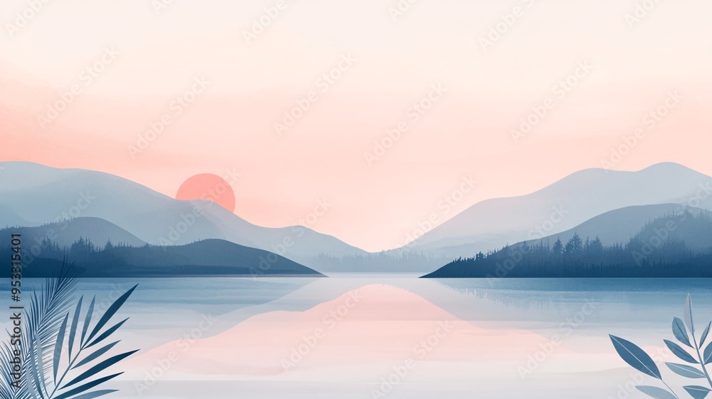 Fototapeta premium Serene landscape with soft blue hills, a tranquil lake, and a gentle sunset glow.