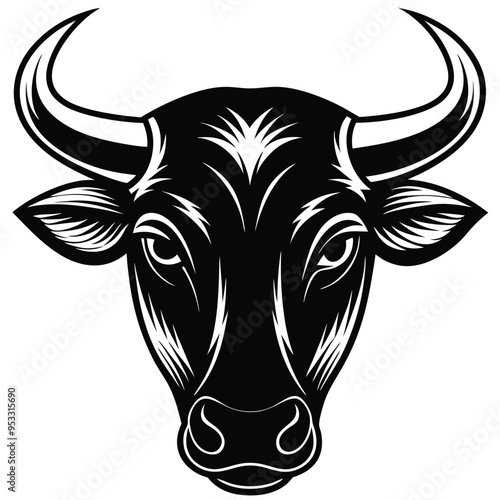 Black and white illustration of a bull head with fierce expression and sharp horns in vector style