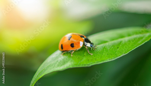 Lady bug on green leaf. Small insect. Ecology and environment concept. Close-up.