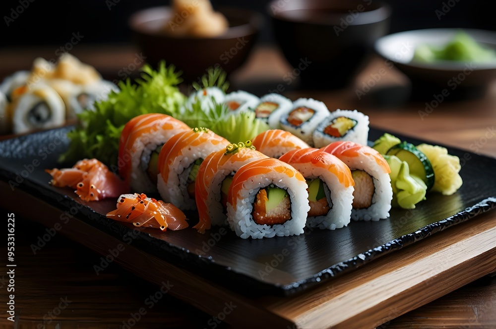 Vibrant Sushi Platter A Colorful Array of Fresh Tuna, Salmon, and Avocado Rolls Vibrant Sushi Platter A Colorful Array of Fresh Tuna, Salmon, and Avocado Rolls