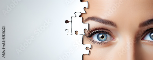 A close-up of a woman’s face with blue eyes partially revealed through a puzzle piece backdrop, emphasizing depth and identity at creative concept photo