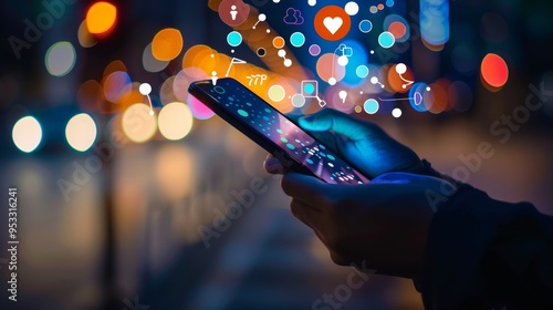 A person is holding a mobile phone with a colorful screen showing various icons of social media information.