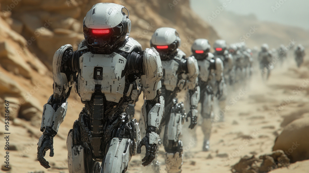A futuristic depiction of soldiers in an advanced exoskeleton suit, enhancing physical capabilities in combat scenarios. A futuristic depiction of soldiers in an advanced exoskeleton suit, enhancing physical capabilities in combat scenarios.