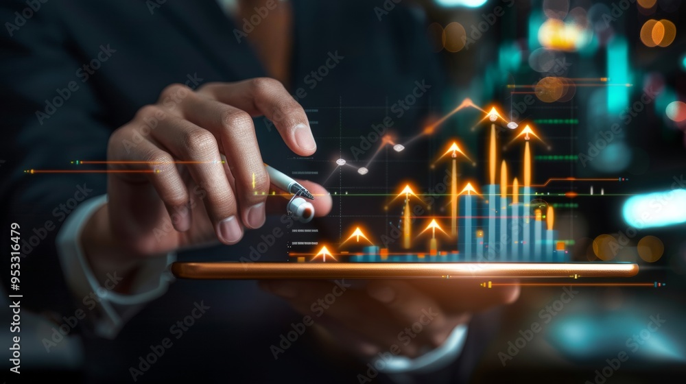 Businessman with graph in hand analyzing stock market changes Double exposure of city buildings blue candle holder The concept of online trading Businessman with graph in hand analyzing stock market changes Double exposure of city buildings blue candle holder The concept of online trading