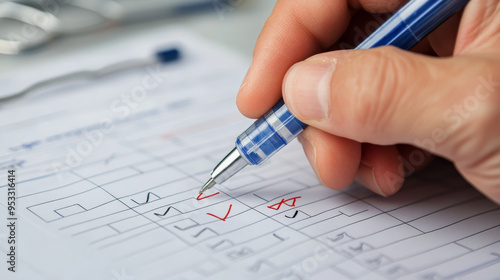 A doctor is seen filling out a medical survey form, diligently checking off items on a checklist. The focus is on the doctor’s hand as it moves across the paperwork, marking checkboxes 