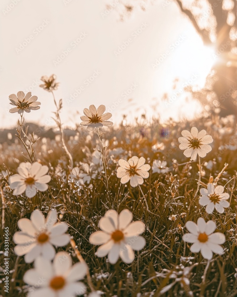 Fototapeta premium Wild daisies growing in a field at sunset
