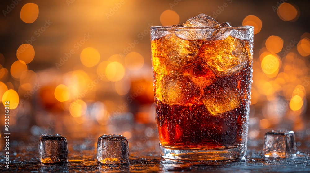 Refreshing glass of cola with ice cubes on a table against a warm background Refreshing glass of cola with ice cubes on a table against a warm background