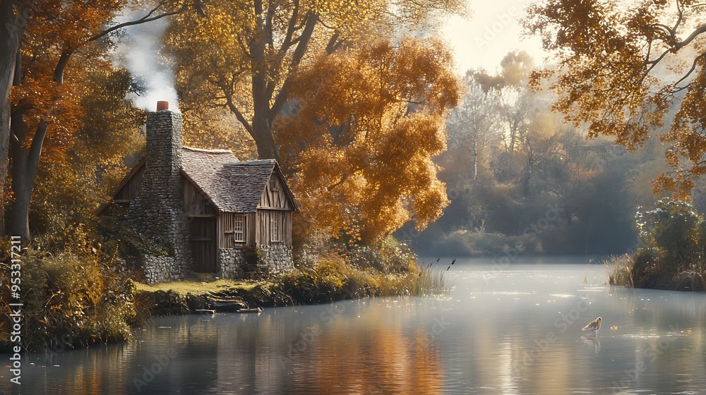 A tranquil riverside with a rustic wooden cabin, wildflowers, and a setting sun A tranquil riverside with a rustic wooden cabin, wildflowers, and a setting sun