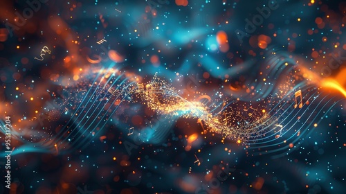 White glowing musical notes on black background, musical wave with music note and white sparkly line, light gold and dark amber tones Generative AI